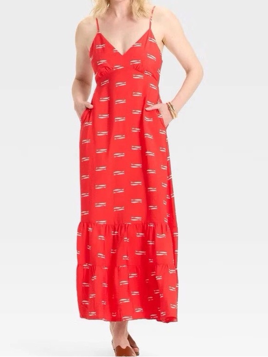 Dresses & Skirts - Sleeveless Red Maxi Dress with V-Neck and Pockets